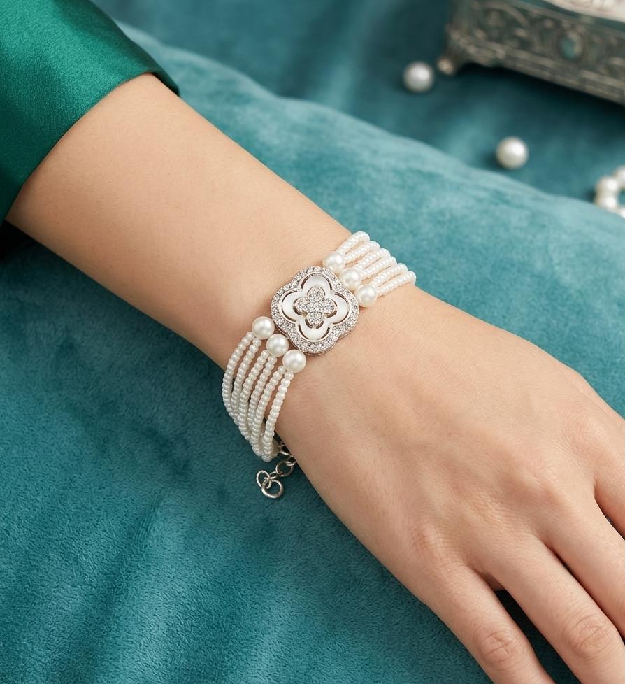 White Pearl Flower Charm Bracelet