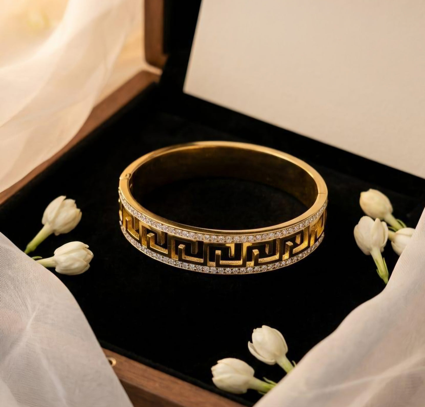 Gold Greek Key Crystal Openable Bangle