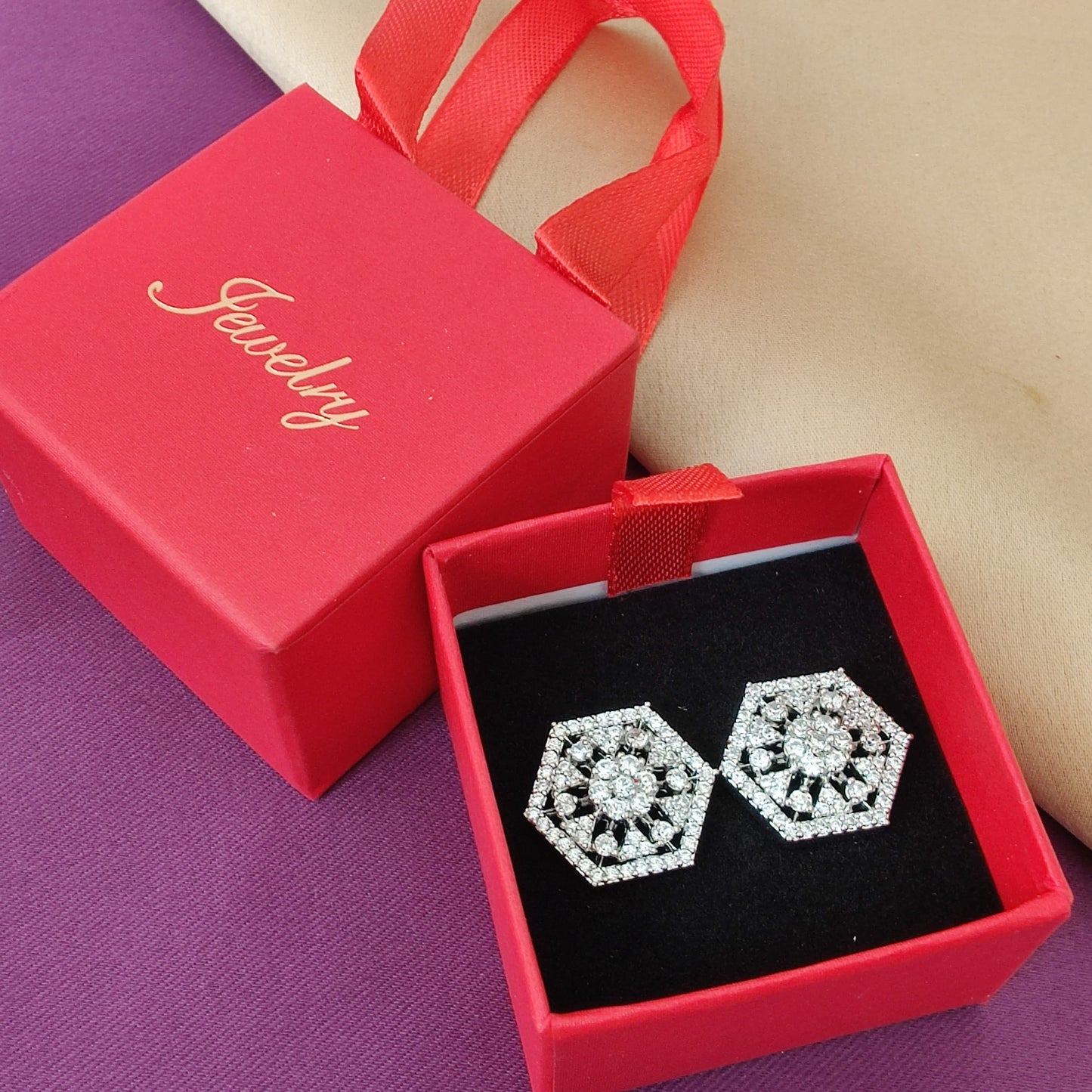 Silver Hexagon Floral Crystal Studs