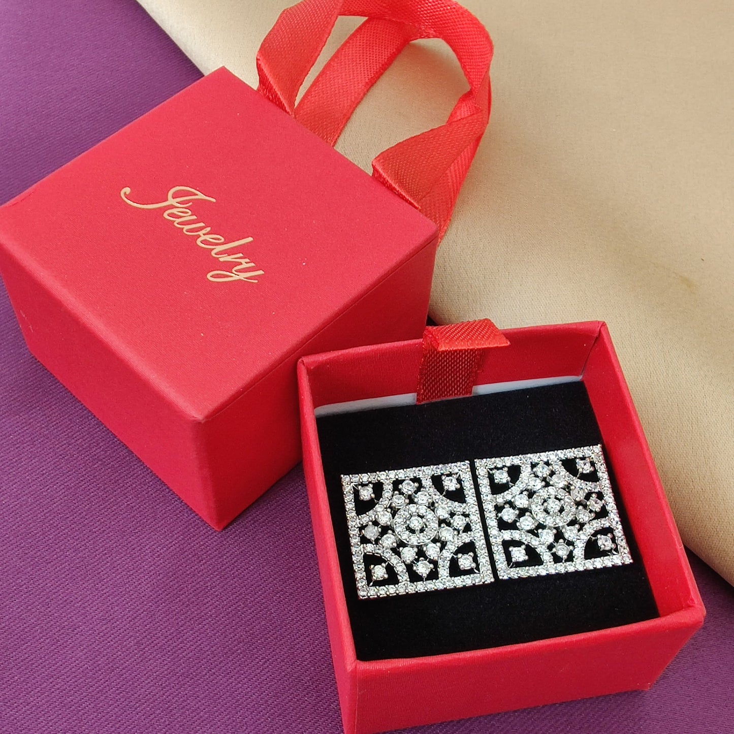Silver Square Floral Crystal Studs