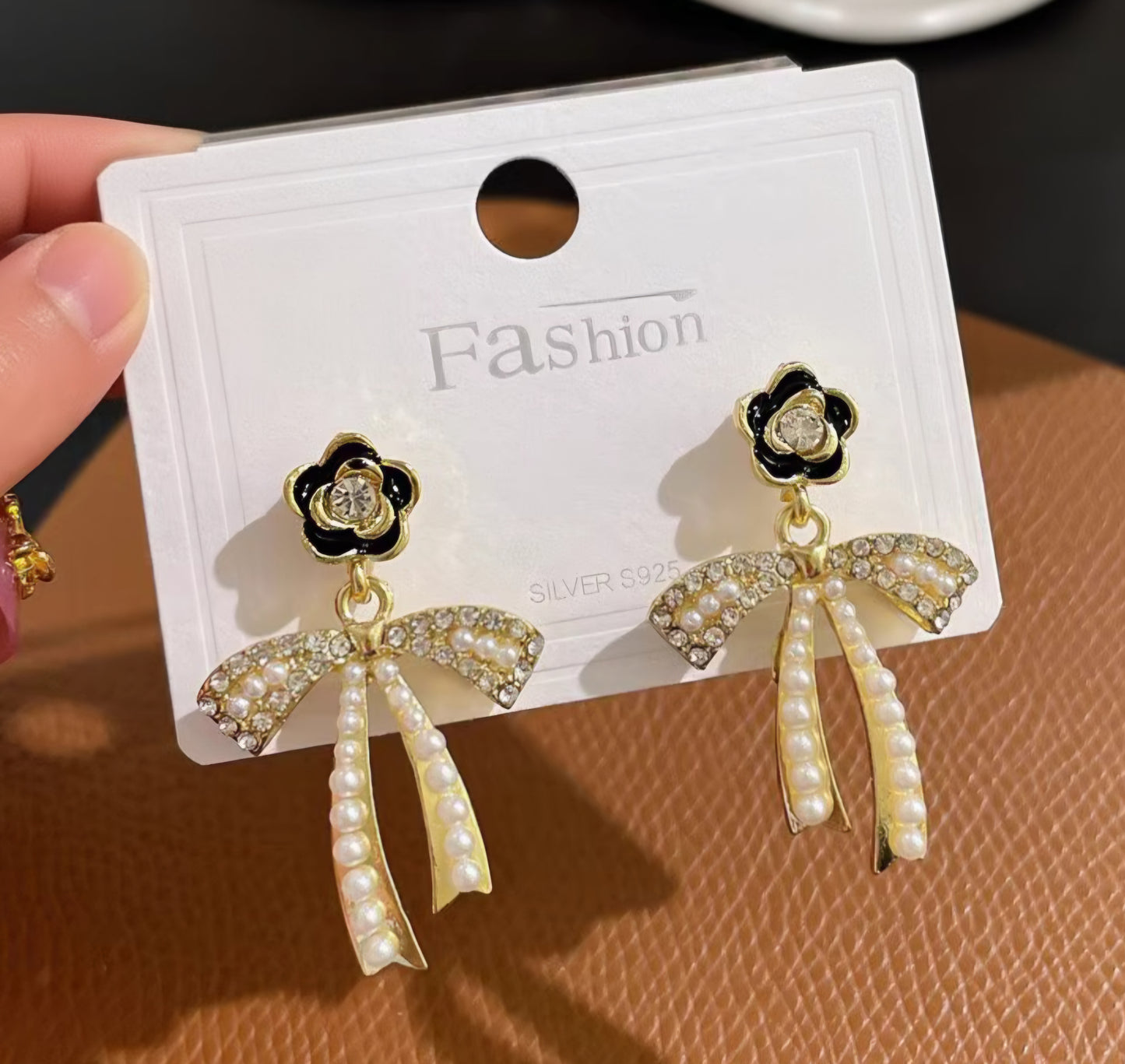 Black Floral Pearl Bow Drop Earrings