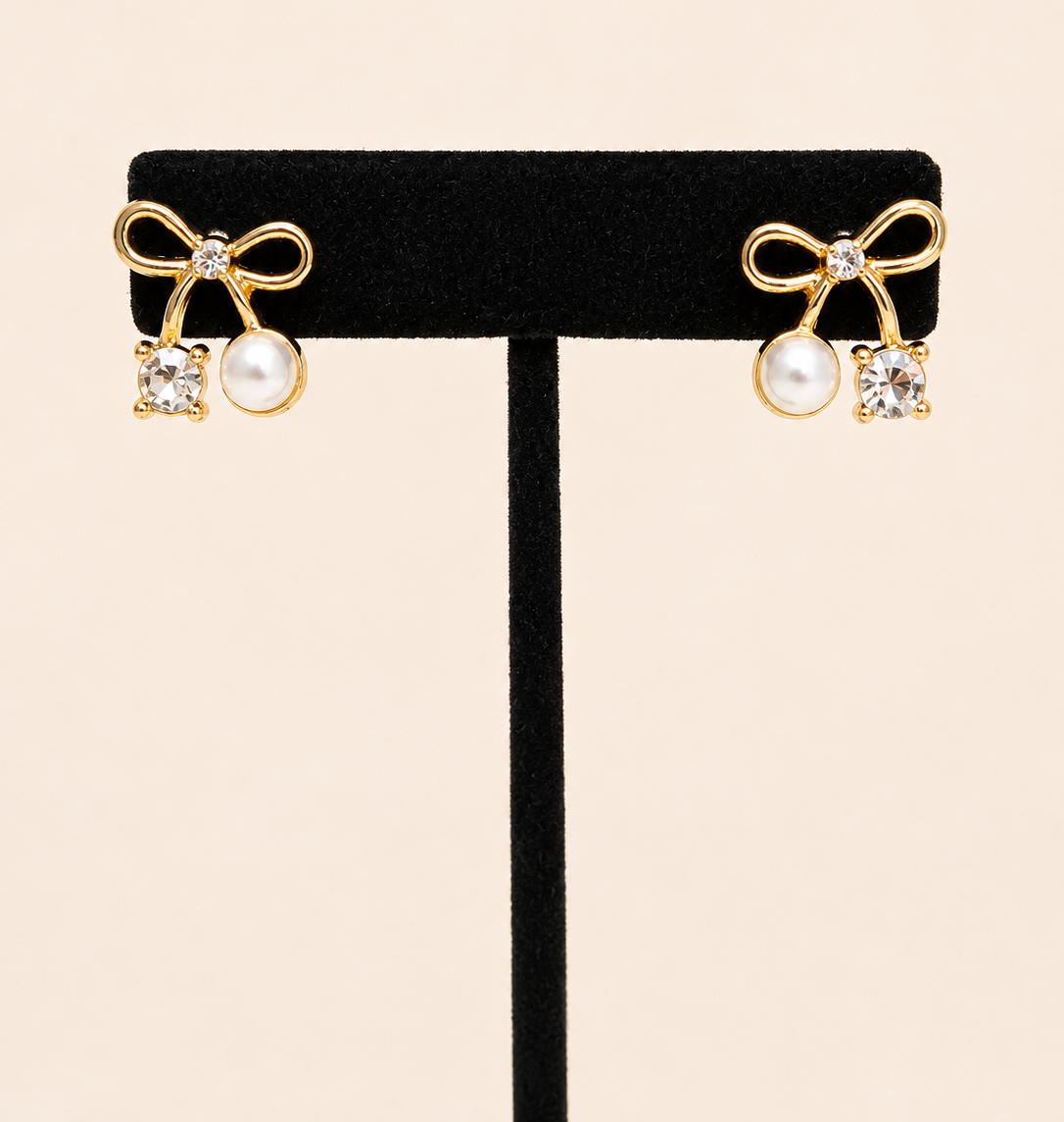 Gold Bow Pearl Crystal Studs