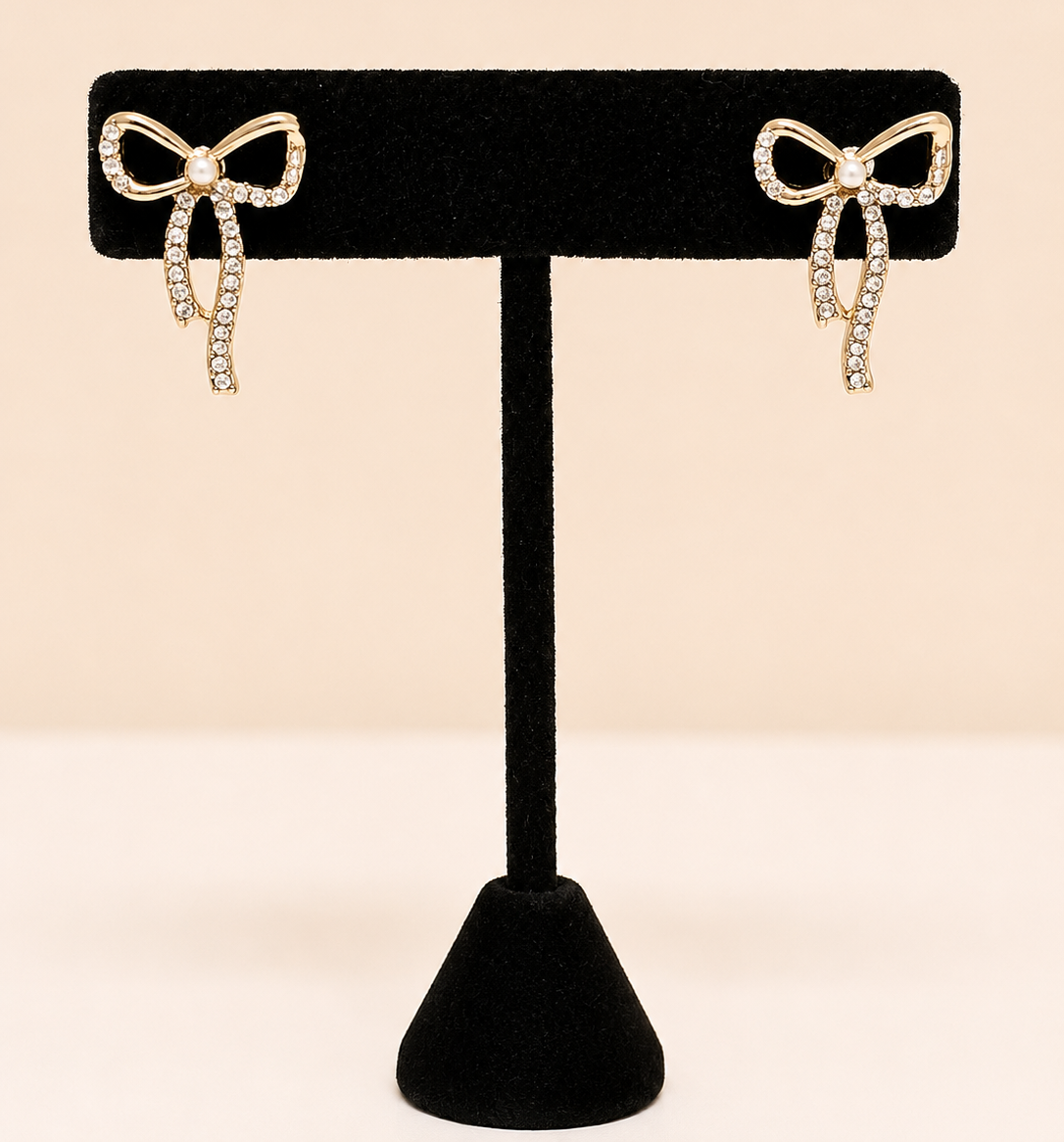 Gold Bow Pearl Crystal Ribbon Drop Studs