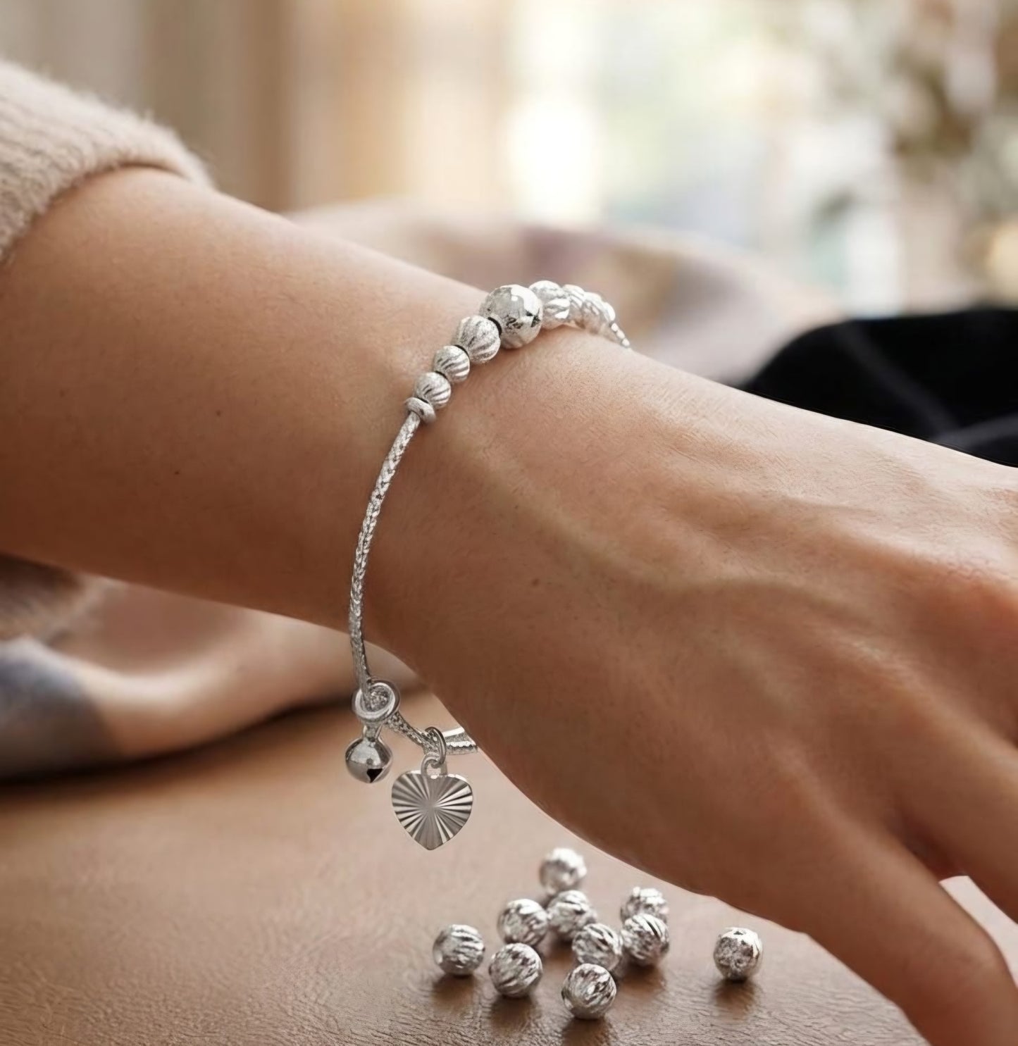 Silver Bead Charm Adjustable Bracelet