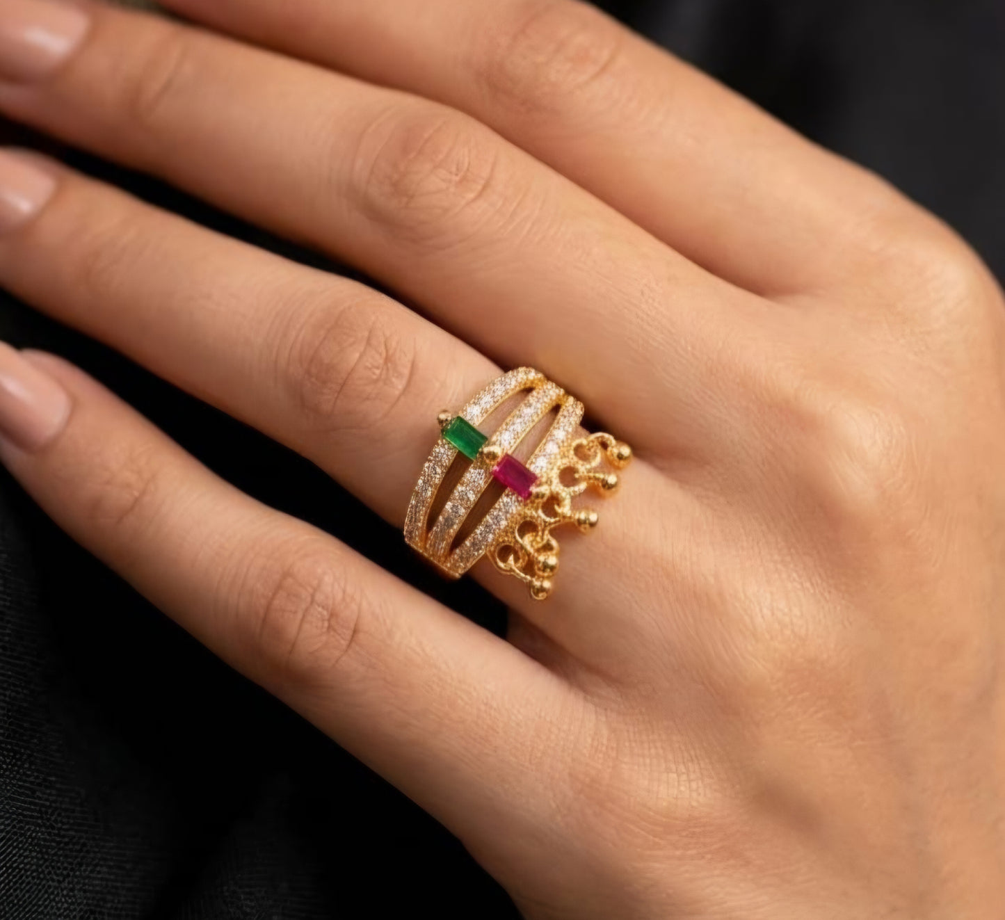 Emerald Ruby Crown Crystal Adjustable Ring