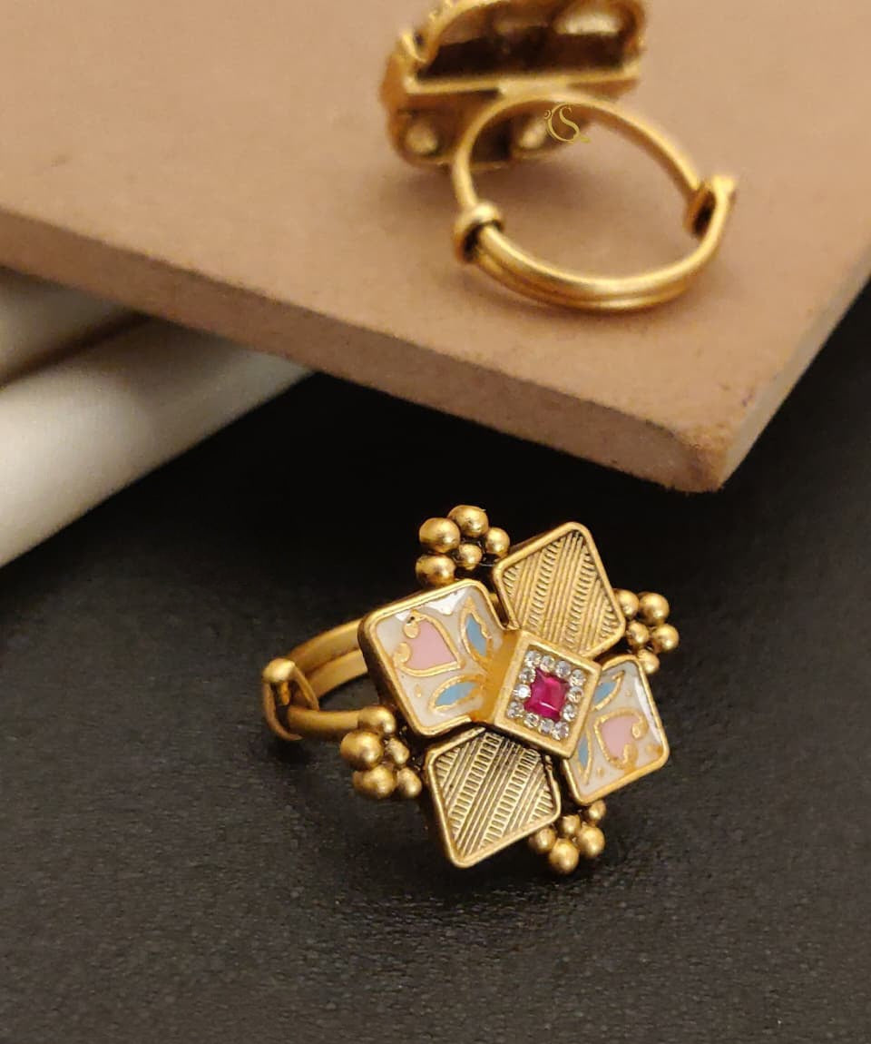 Ruby Enamel Floral Adjustable Ring