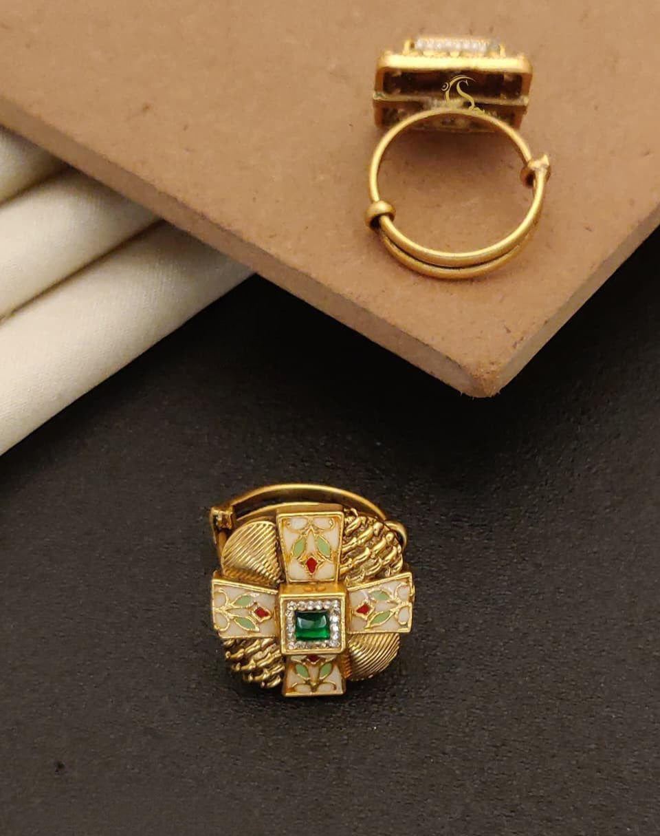 Emerald Enamel Floral Adjustable Ring