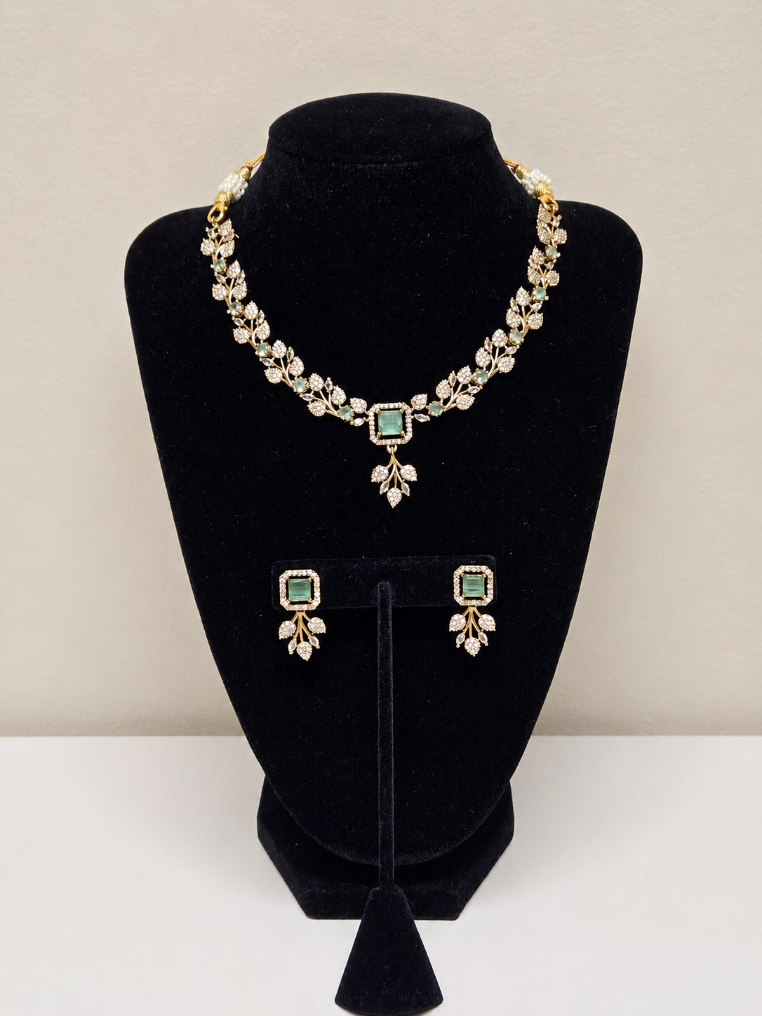 Gold Mint Leaf Crystal Necklace Set