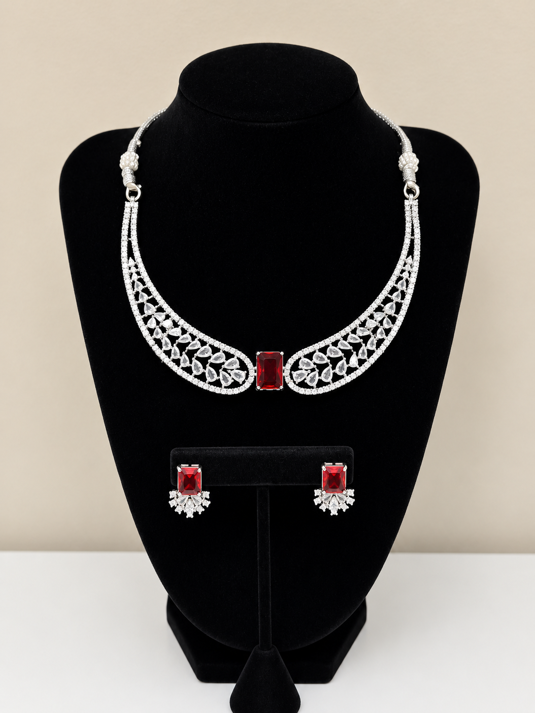 Silver Ruby Collar Crystal Necklace Set