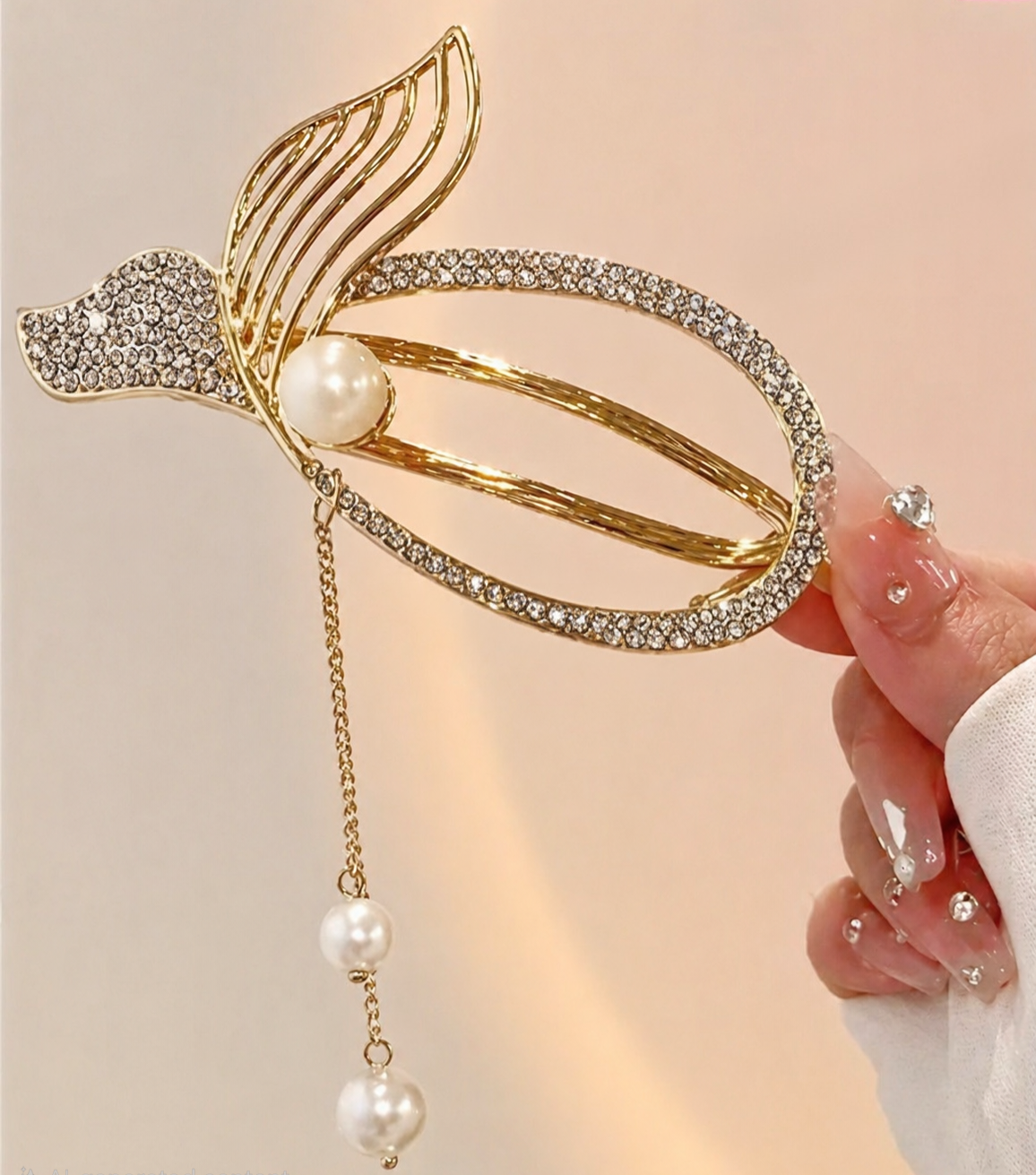 Golden Hair Clip with Fish Tail Design and Pearl Tassels