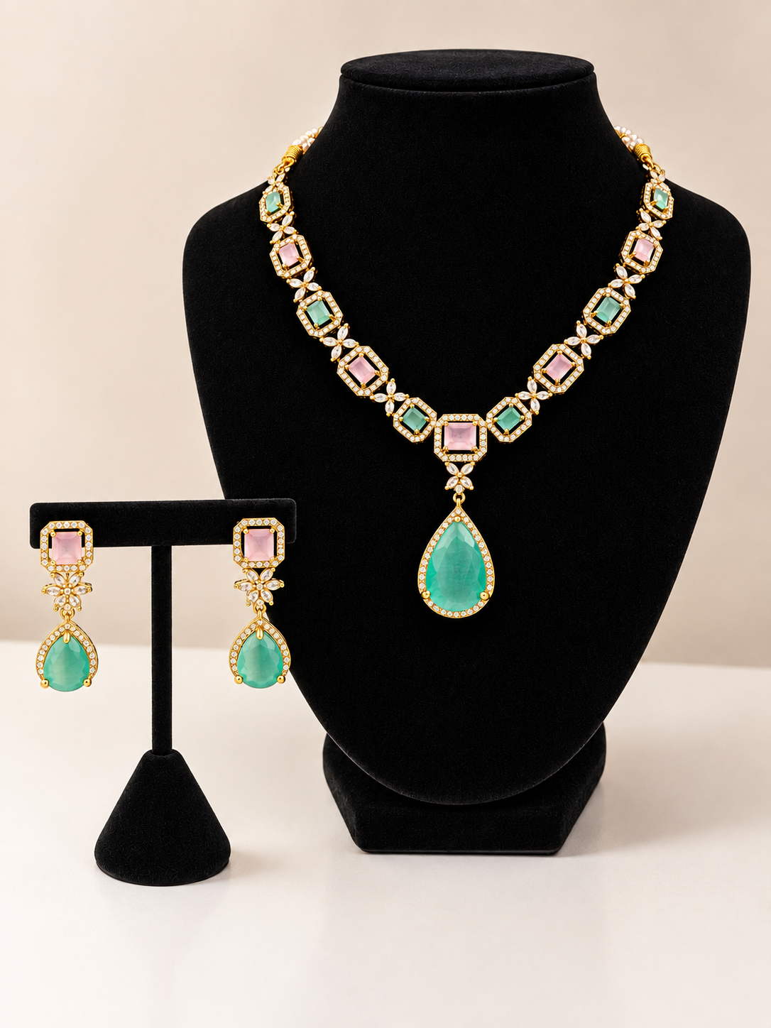 Gold Pastel Mint Pink Drop Crystal Necklace Set