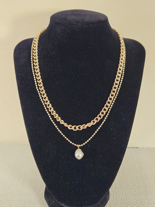 Gold Finish Layered Necklace with Pearl Drop
