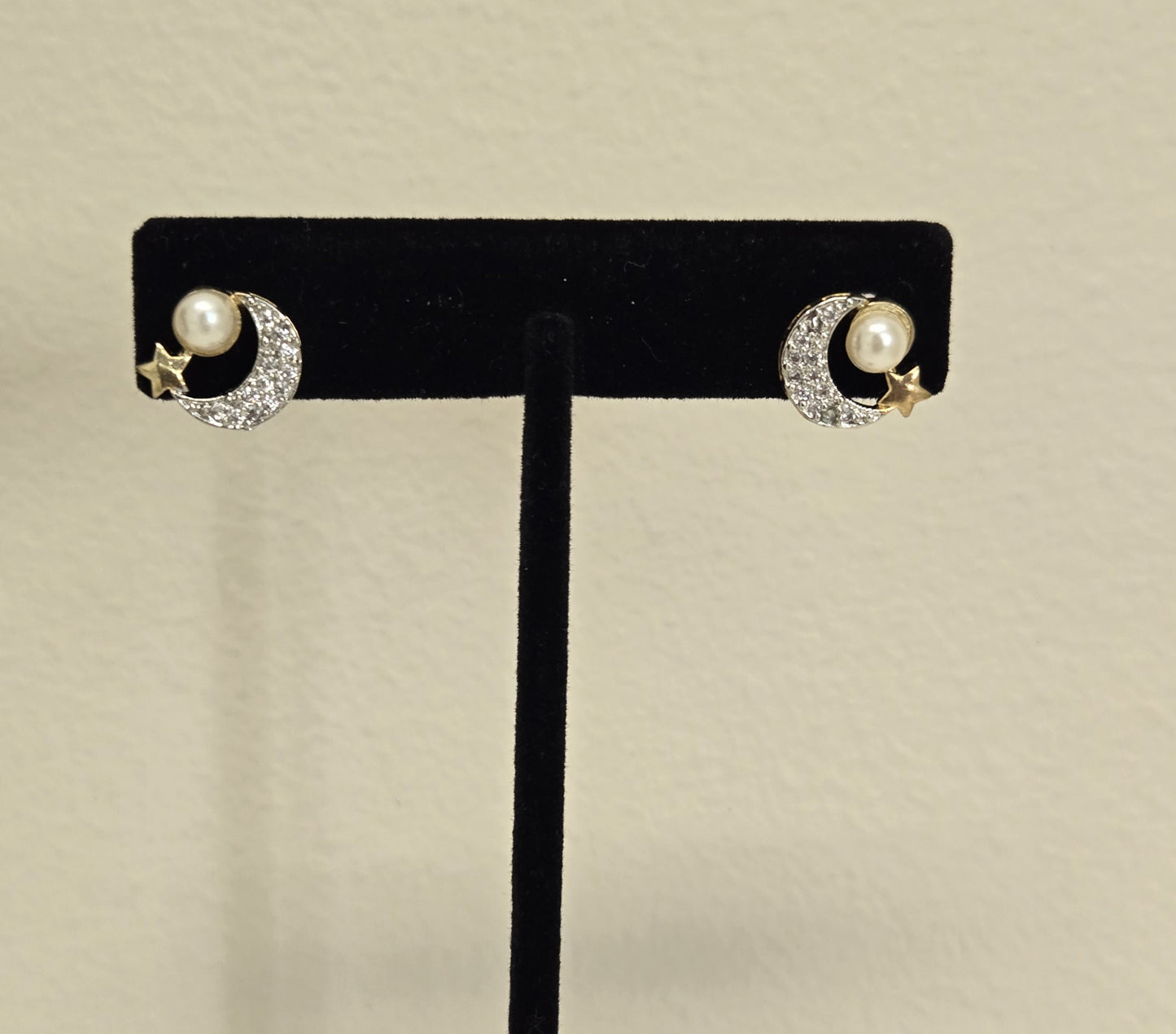 Moon and Star Pearl Studs in Gold Tone