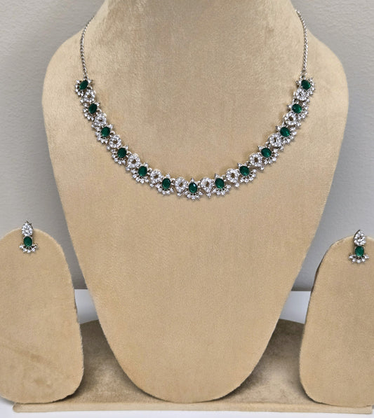 Green Royal Necklace Set in Silver Tone