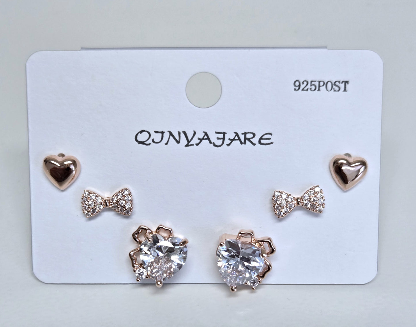 Anti Tarnish Heart & Bow 3 Pair Stud Set