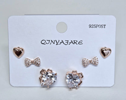 Anti Tarnish Heart & Bow 3 Pair Stud Set