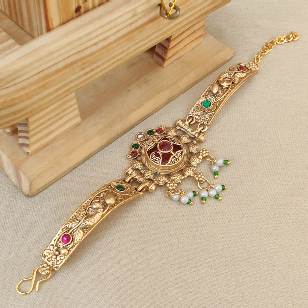 Gold Kundan Pearl Tassel Bracelet