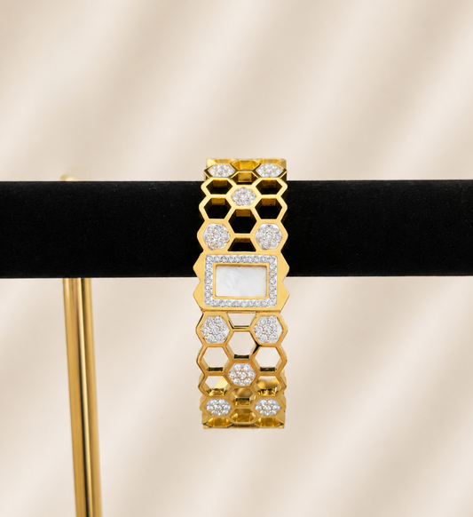 Gold Honeycomb Crystal Openable Bangle