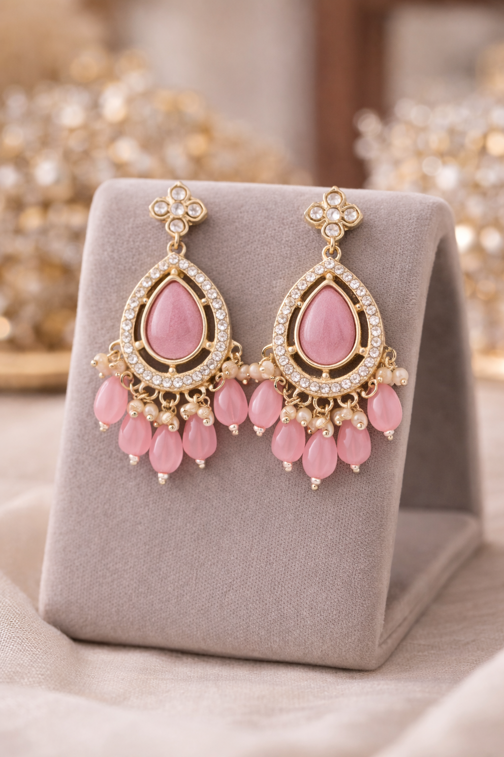 Pink Pearl Kundan Drop Earrings