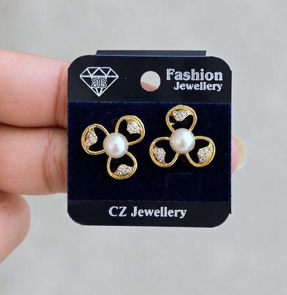 Floral Pearl Studs in Gold Tone
