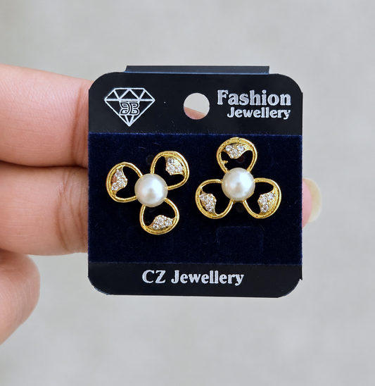 Floral Pearl Studs in Gold Tone