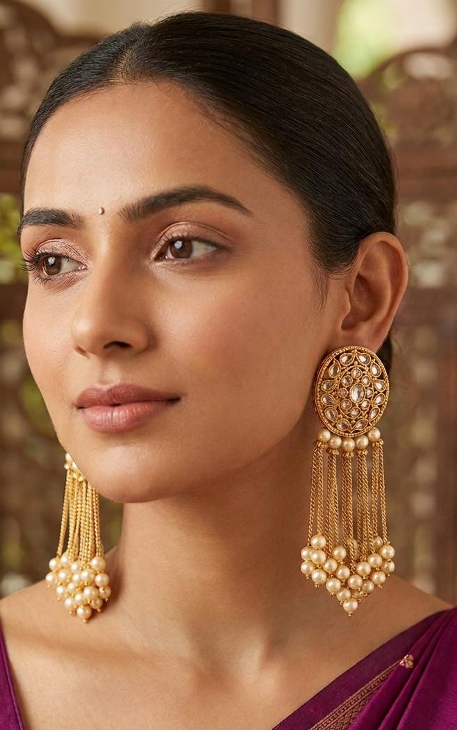 Golden kundan Pearl Tassel Earrings