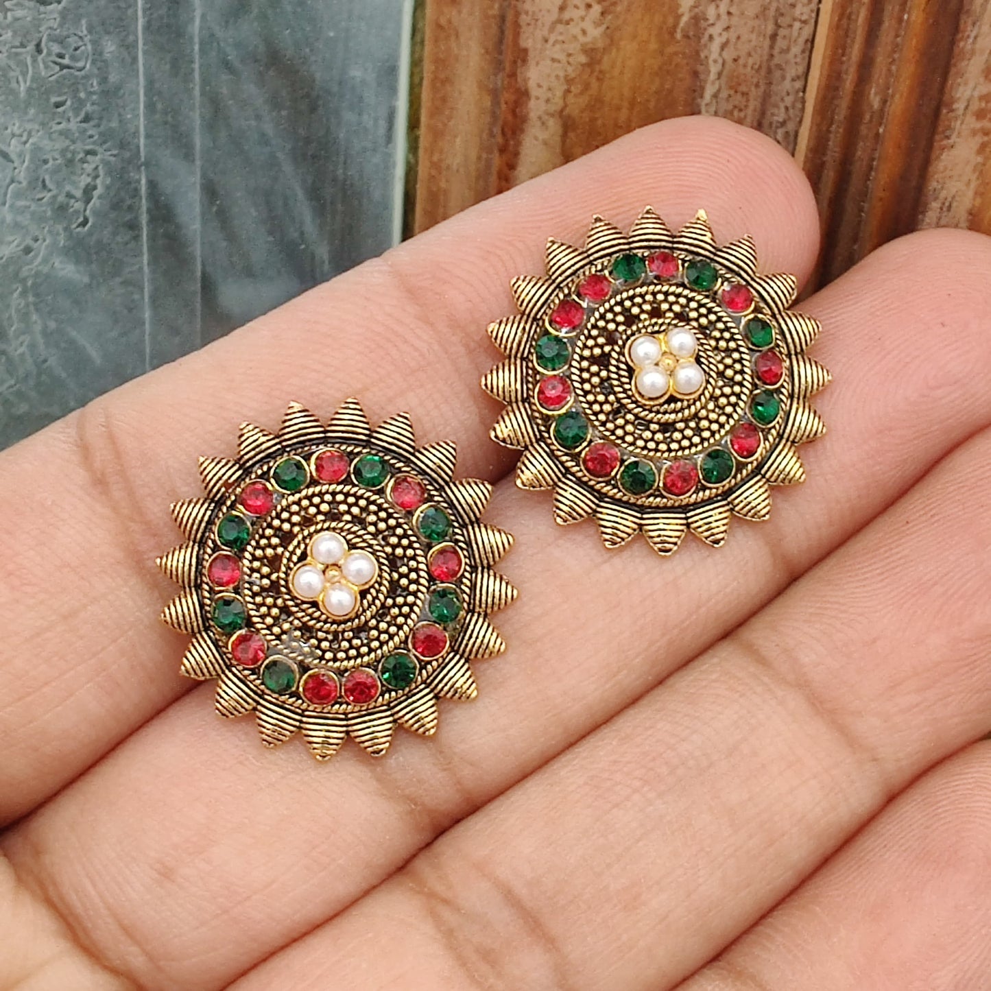 Ruby Green Floral Pearl Studs