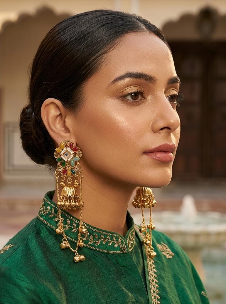Multicolor Kundan Jhumki Chain Earrings