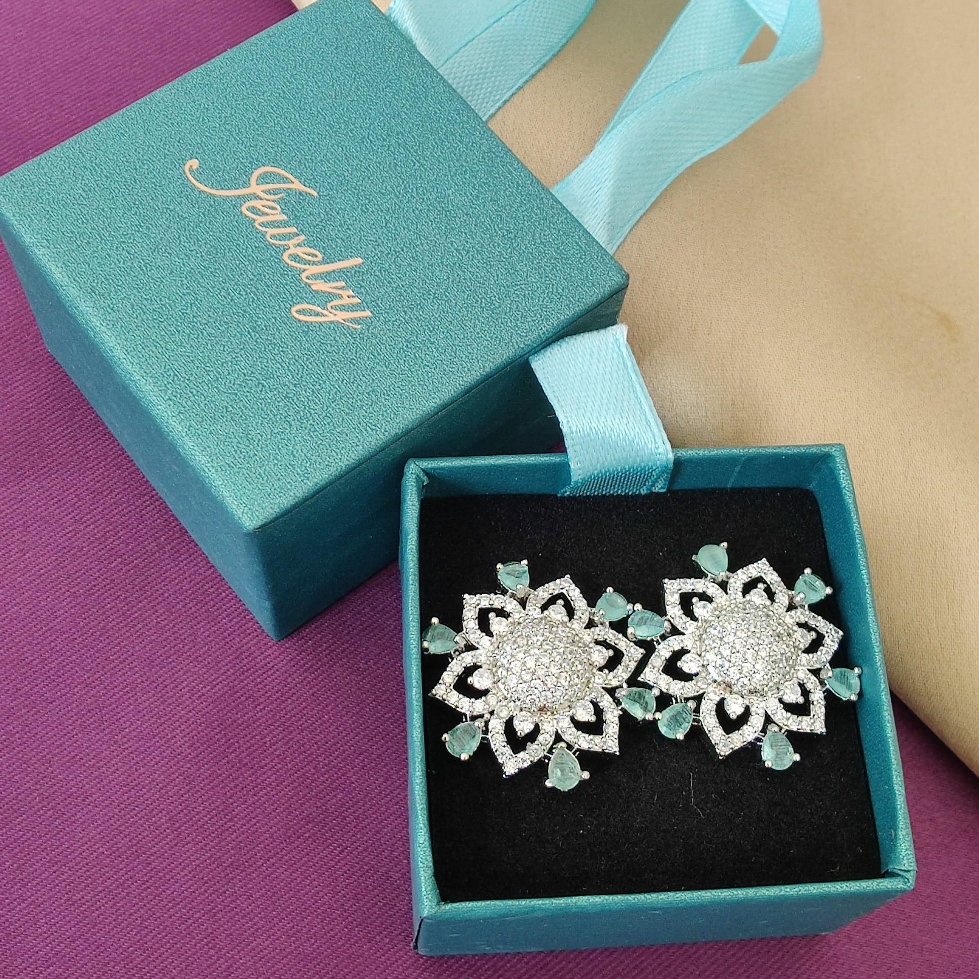 Aqua Floral Crystal Studs