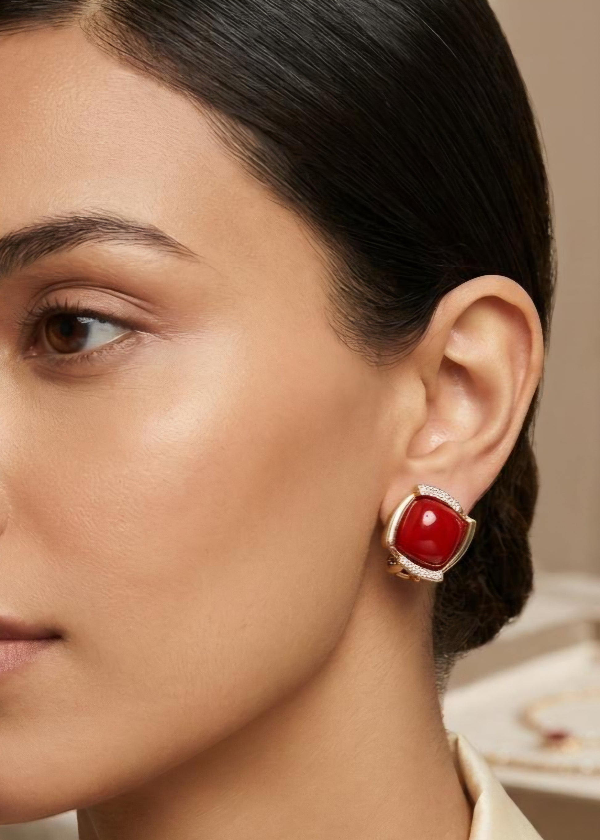Red Stone Cushion Studs