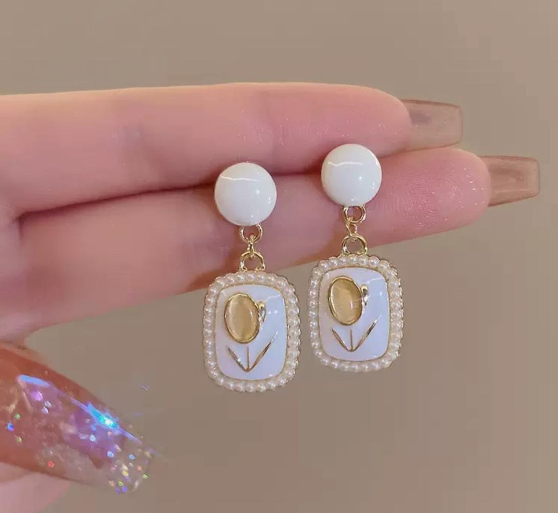 White Tulip Pearl Drop Earrings