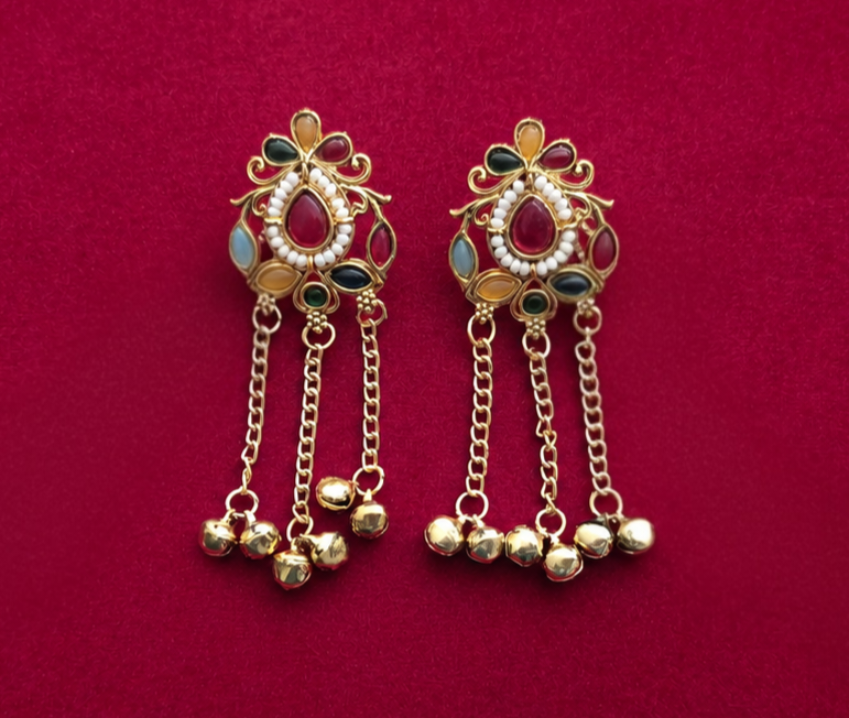 Multicolor Kundan Pearl Ghungroo Chain Earrings