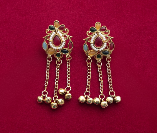 Multicolor Kundan Pearl Ghungroo Chain Earrings