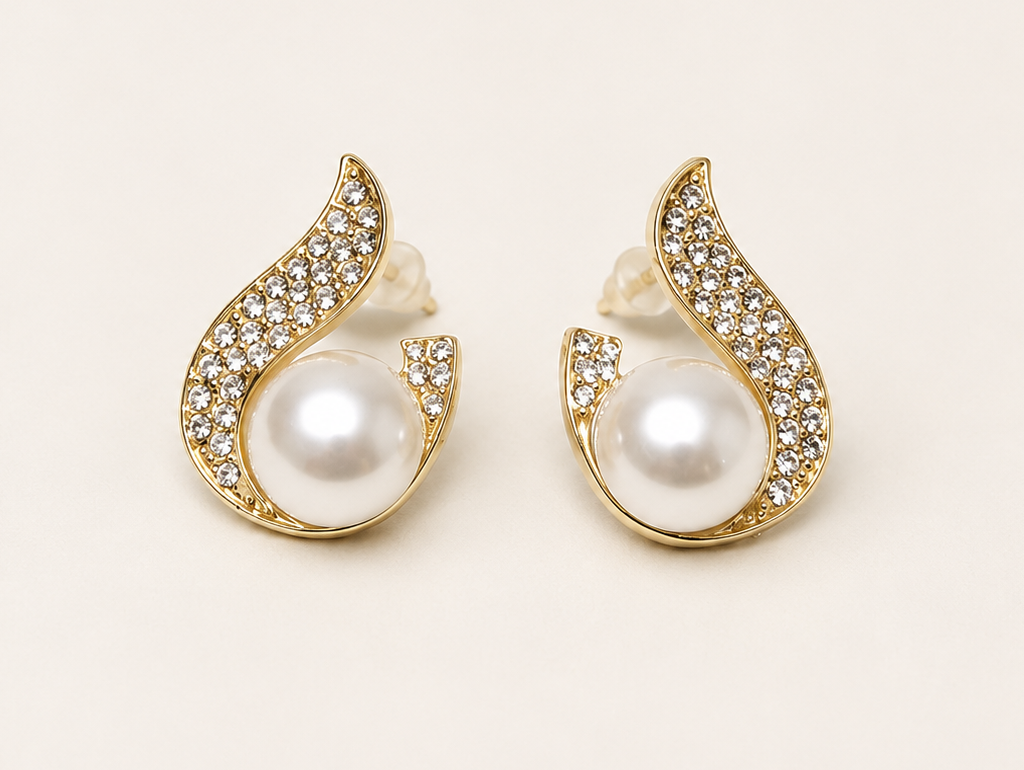 Gold Pearl Crystal Swirl Studs