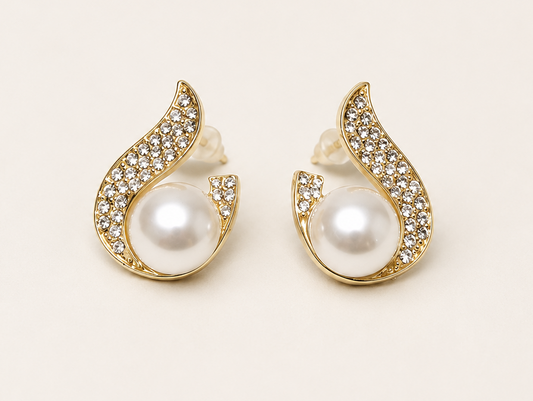 Gold Pearl Crystal Swirl Studs