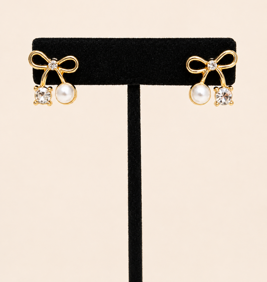 Gold Bow Pearl Crystal Studs