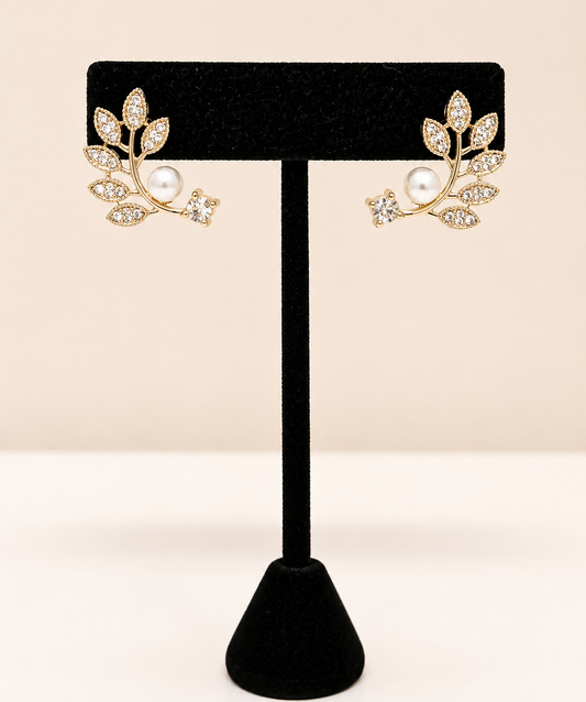 Crystal Leaf Pearl Ear Climber Earrings