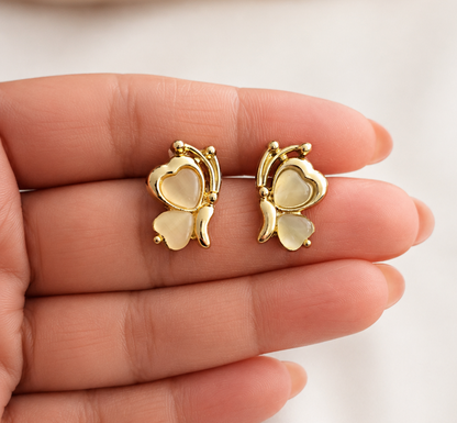 Gold Ivory Pearl Heart Butterfly Studs
