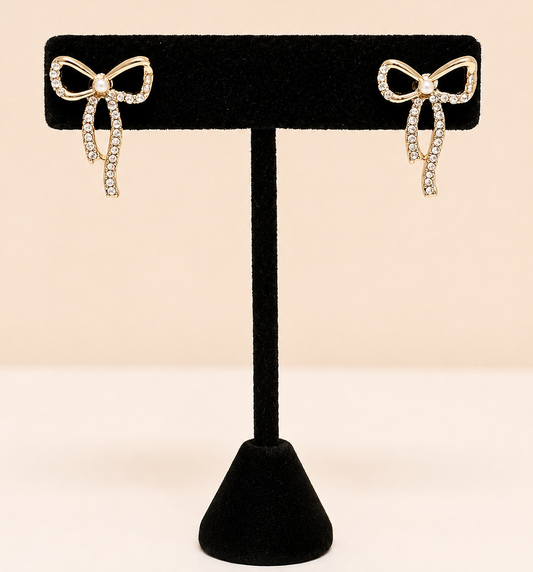 Gold Bow Pearl Crystal Ribbon Drop Studs
