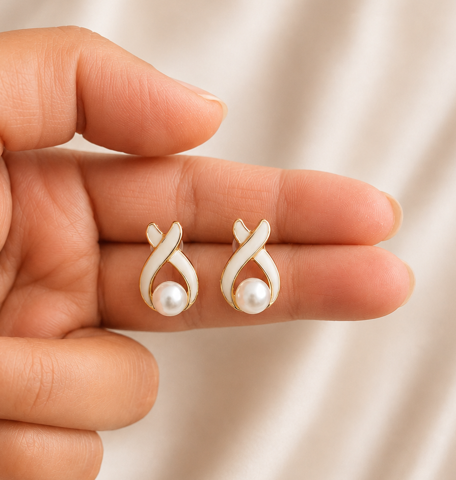 Cream Enamel Pearl Twist Studs