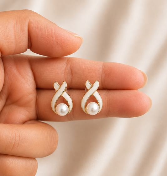 Cream Enamel Pearl Twist Studs