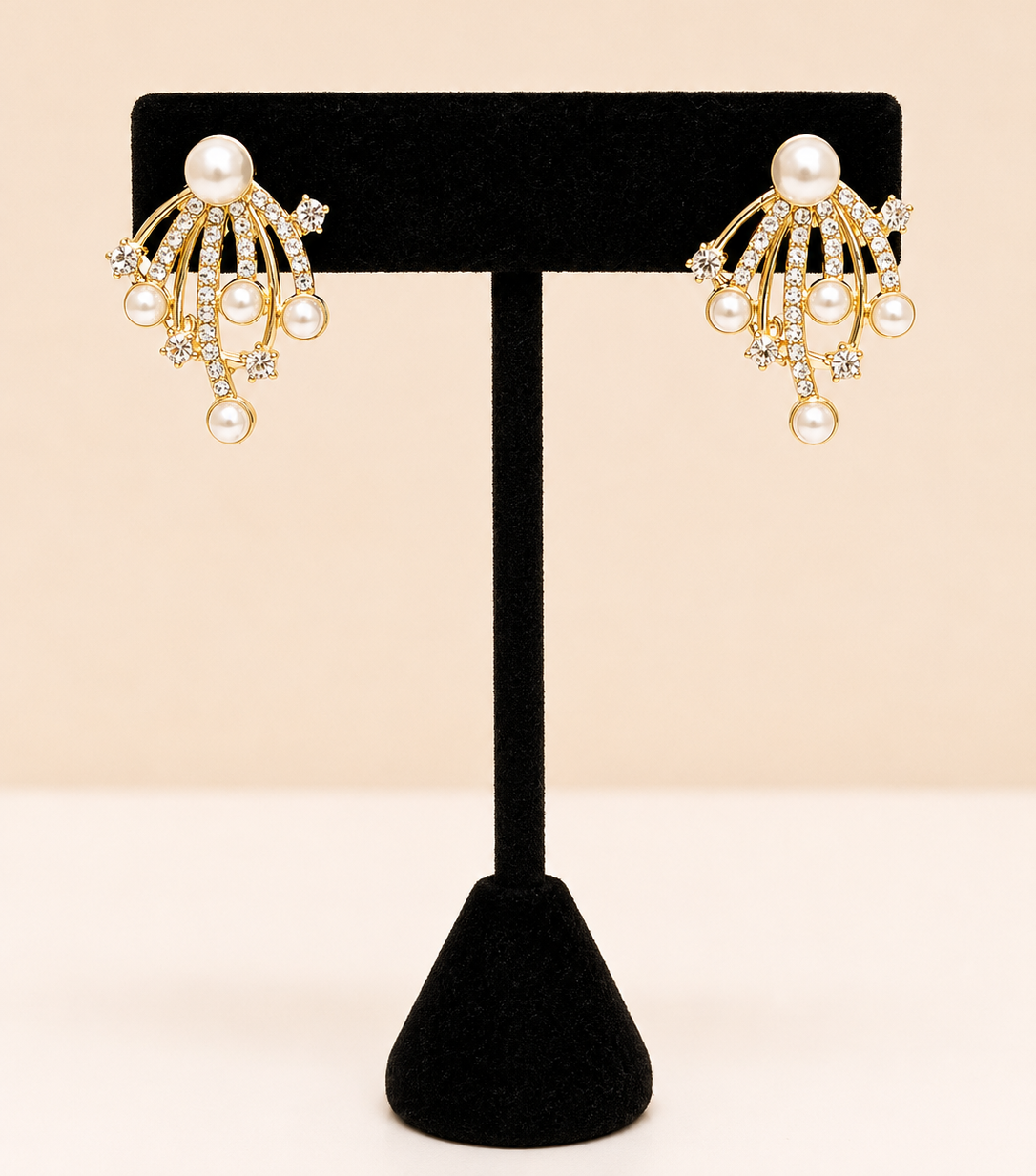Gold Pearl Crystal Fountain Earrings