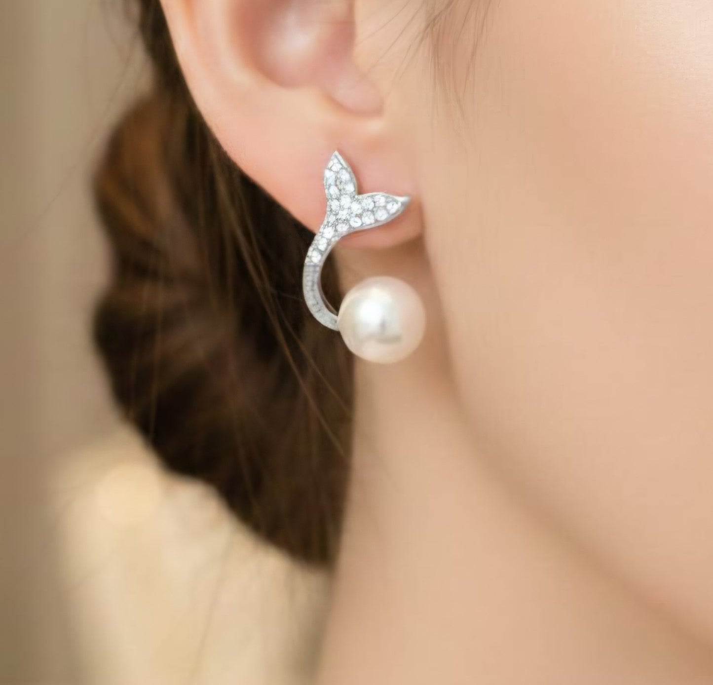 Silver Crystal Pearl Fish Tail Drop Studs