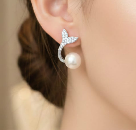 Silver Crystal Pearl Fish Tail Drop Studs