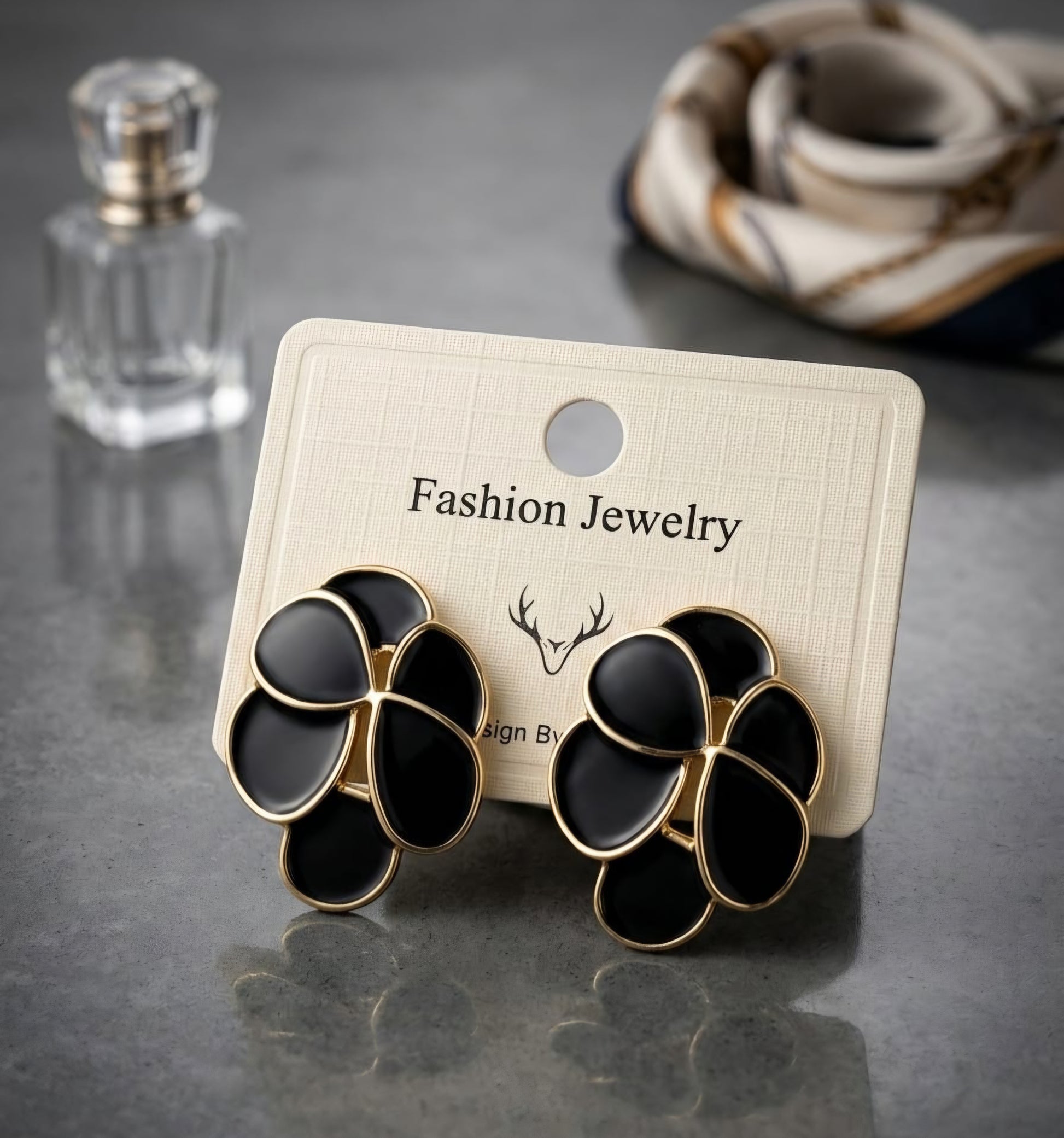 Black Enamel Flower Drop Studs