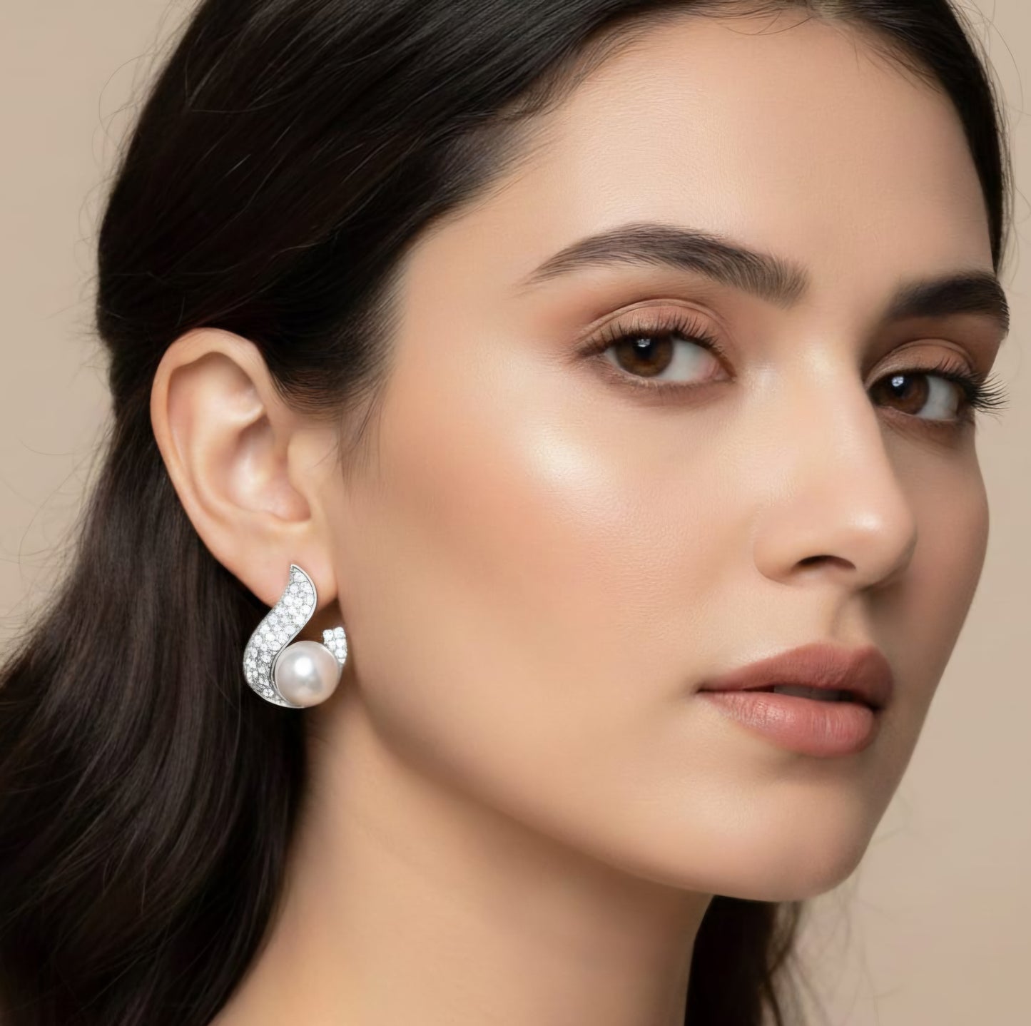 Silver Crystal Pearl Crescent Drop Earrings