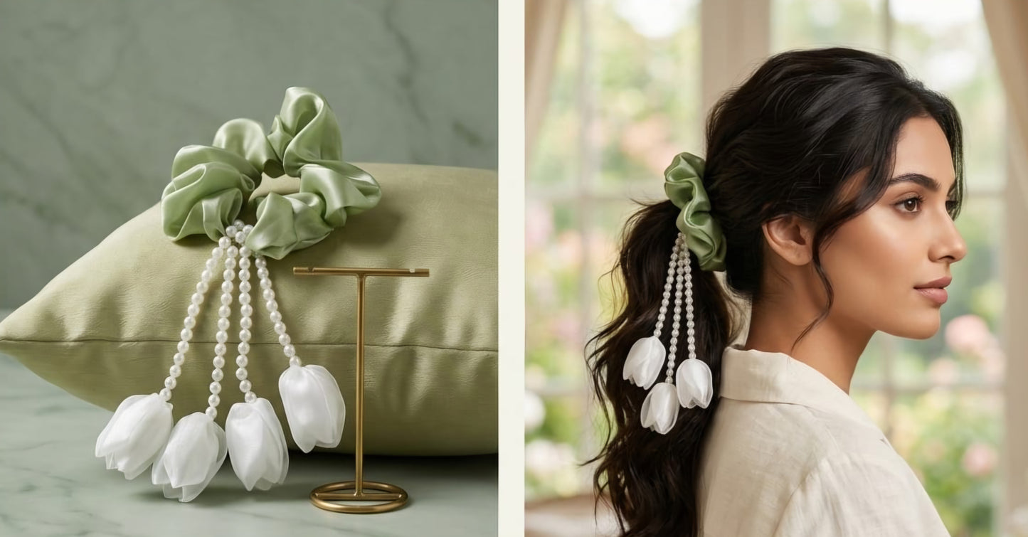 Satin Flower Pearl Tassel Organza Scrunchie