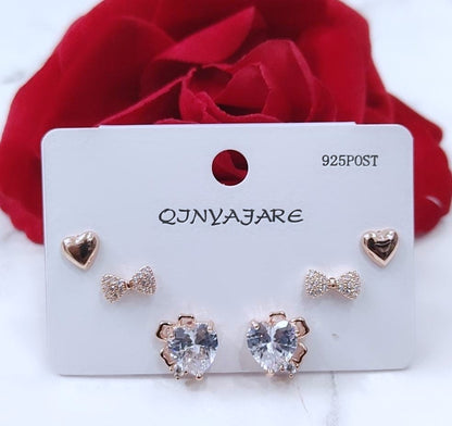 Anti Tarnish Heart & Bow 3 Pair Stud Set