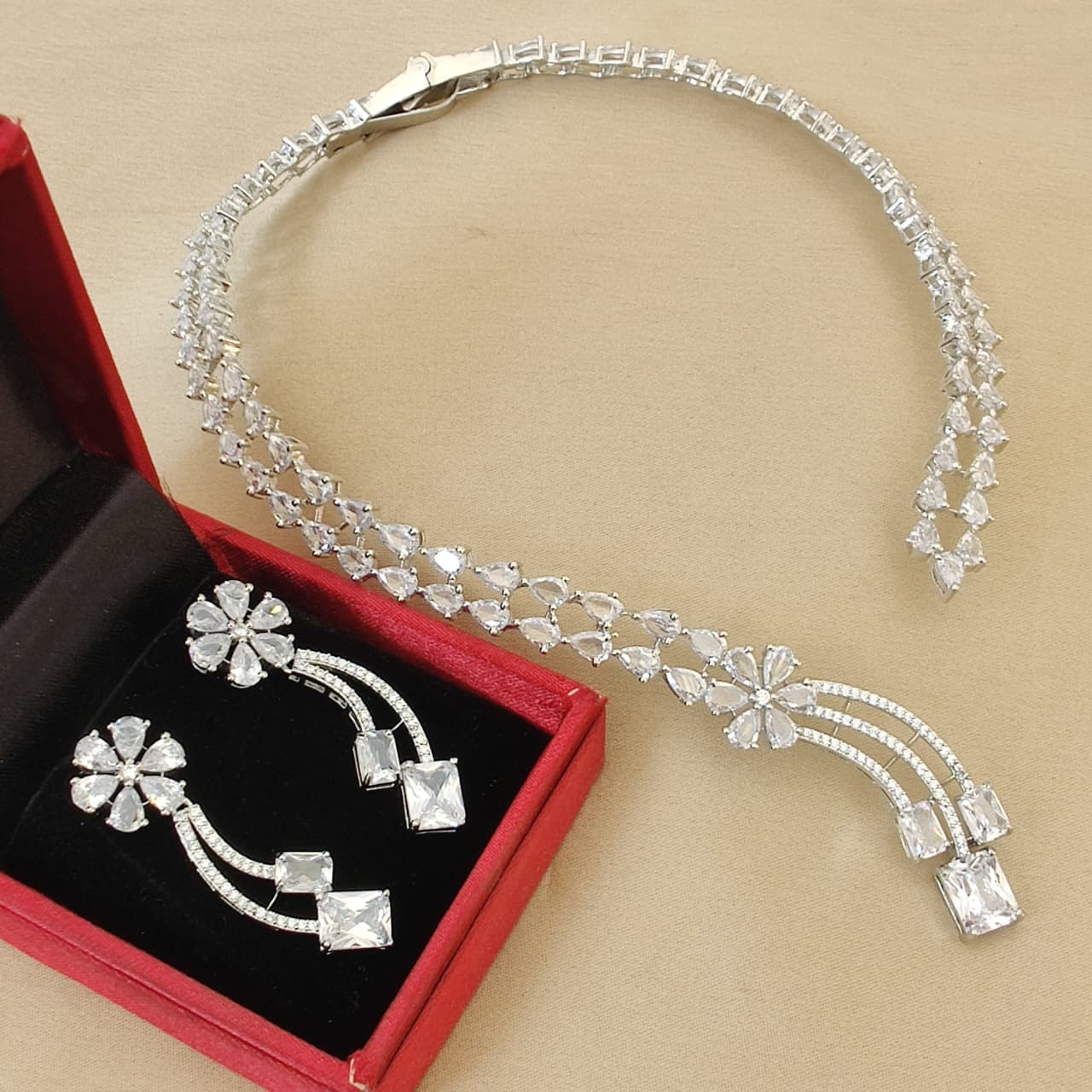 Silver Floral Crystal Collar Necklace Set