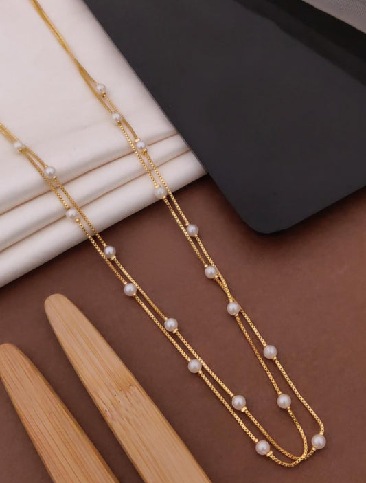 Gold Pearl Layered Chain Necklace